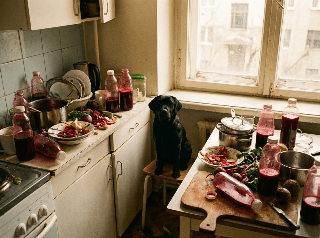 Black Lab sitting on a stool in a messy kitchen covered with beet juice bottles and vegetable scraps.