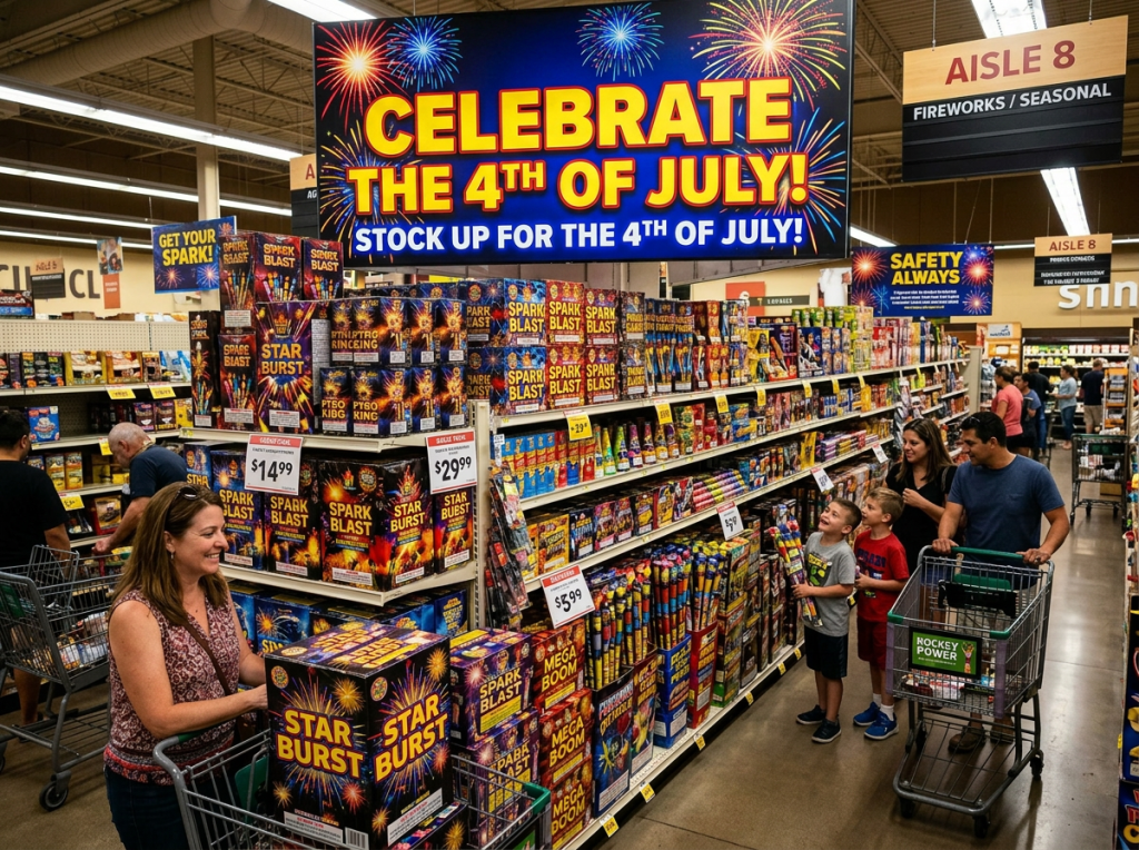 Store aisle with fireworks for sale and signs promoting 4th of July fireworks