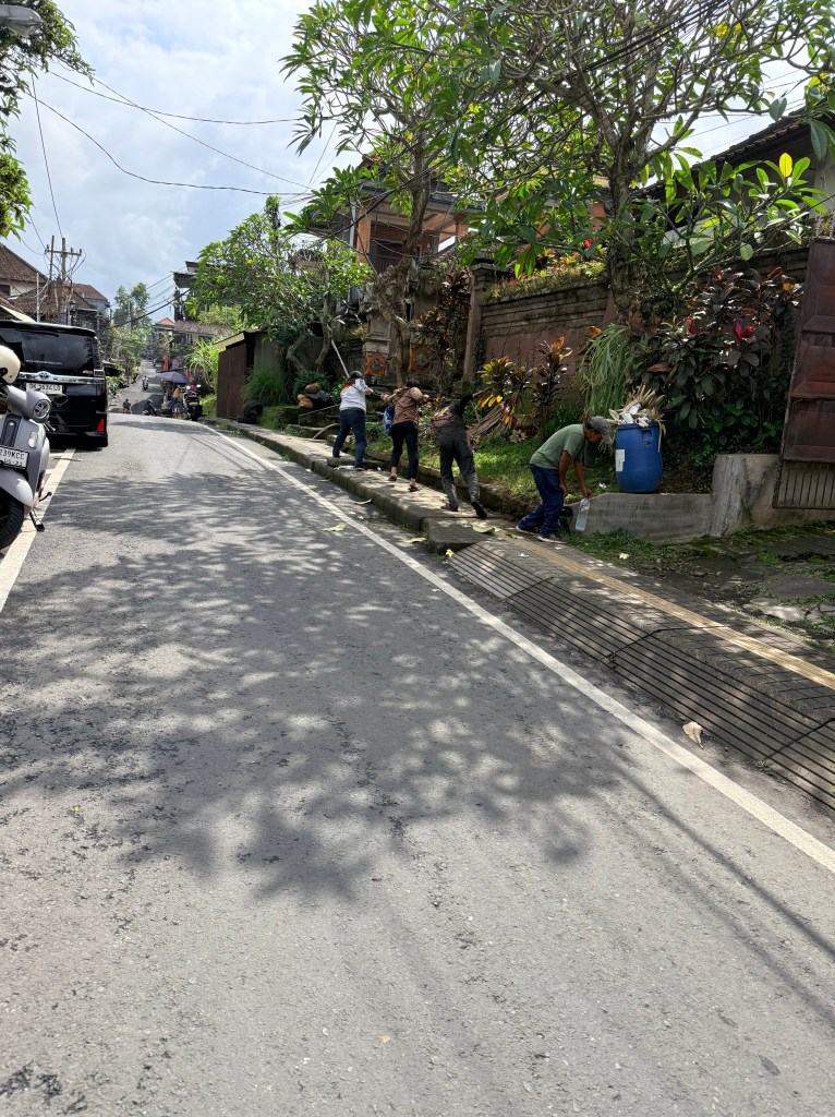 Boys pulling electrical wires in Bali